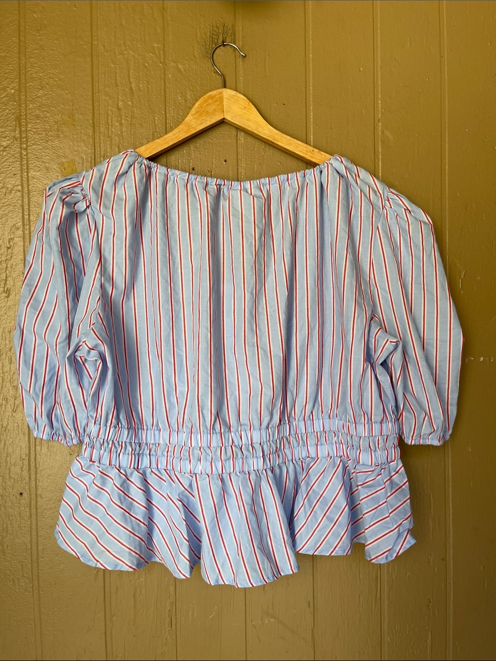 Joie Light Blue Striped Peplum Puff-Sleeve Top in blue & red Size XL - Picture 4 of 6